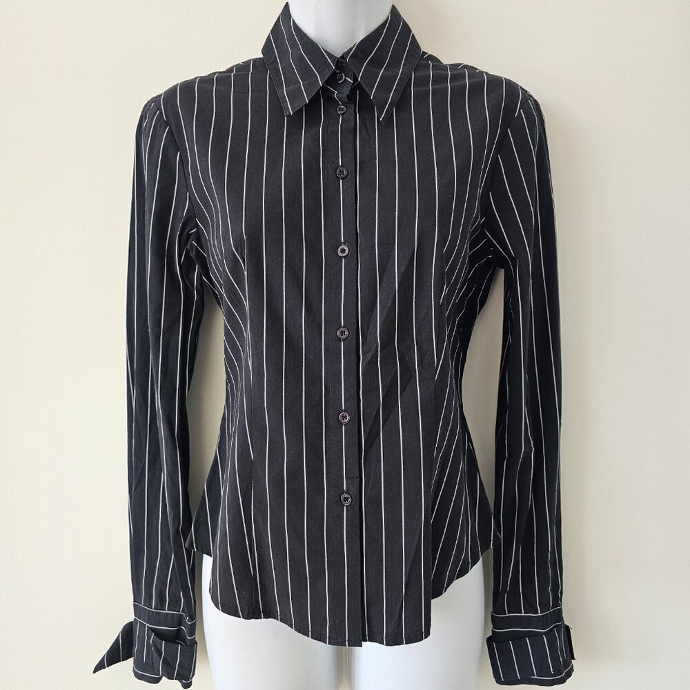 ESPRIT Black White Stripe Cotton Blend Sleeve Buckle Detail Shirt Top 160/80A